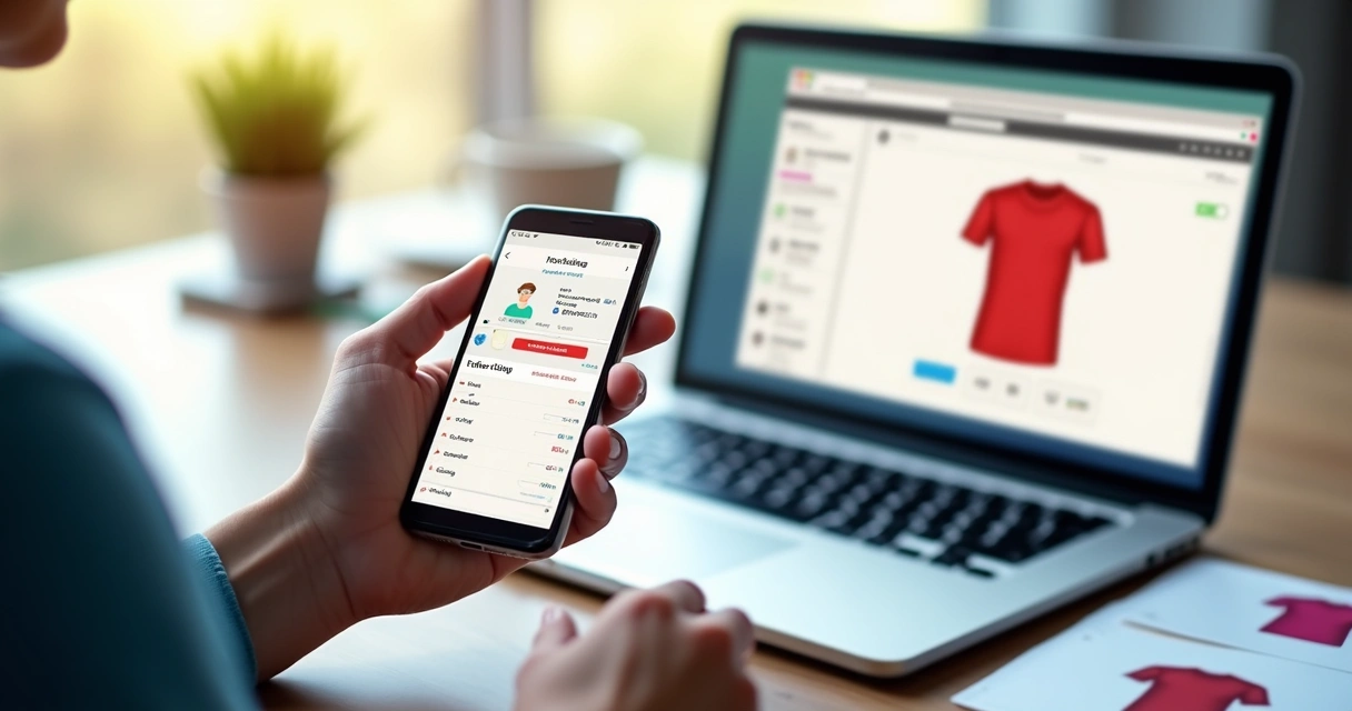 Pessoa acompanhando pedido de camiseta personalizada pelo celular e computador 