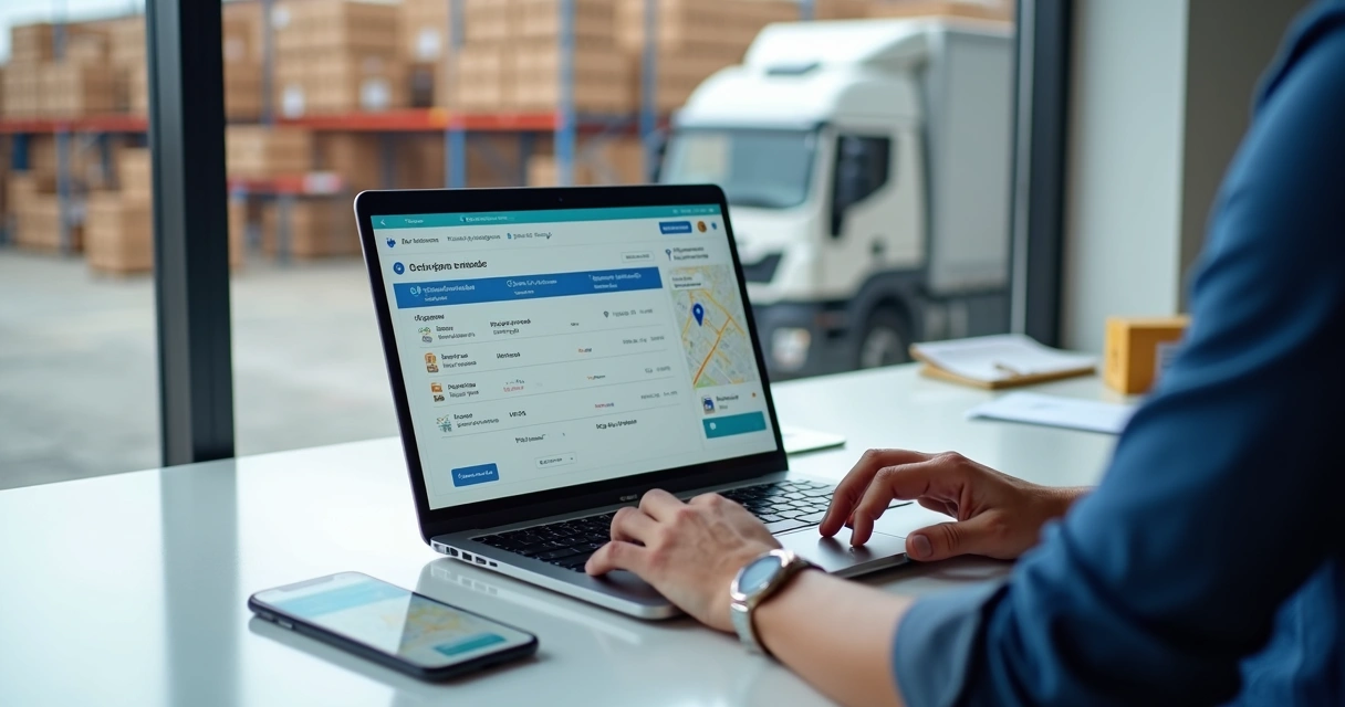 Caminhoneiro acompanhando rastreamento de pedido de peças de caminhão em laptop e celular 