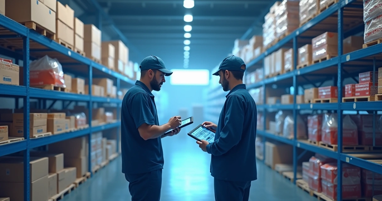 Funcionários usam tablets em armazém para rastrear alimentos. 