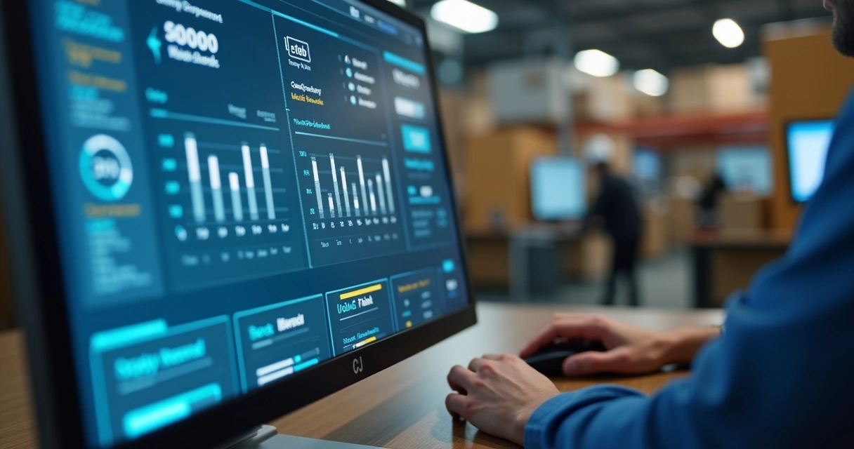 Tela de computador com sistema mostrando rastreamento de produtos e estoque em tempo real