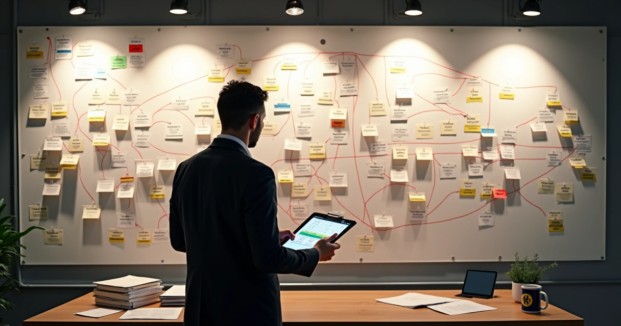 Quadro branco com fio vermelho conectando cartões de promessas de campanha 