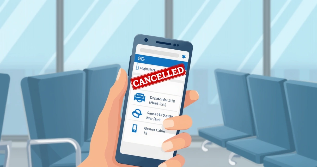 Tela de celular mostrando aplicativo com status de voo cancelado 
