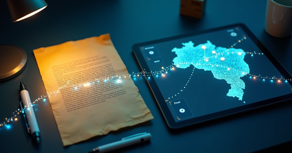 Telegrama em papel ligado por trilha digital em mapa estilizado 