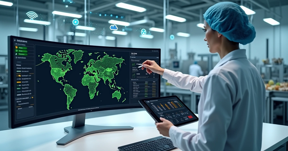 Tela de rastreamento em tempo real de produção de alimentos em fábrica moderna 