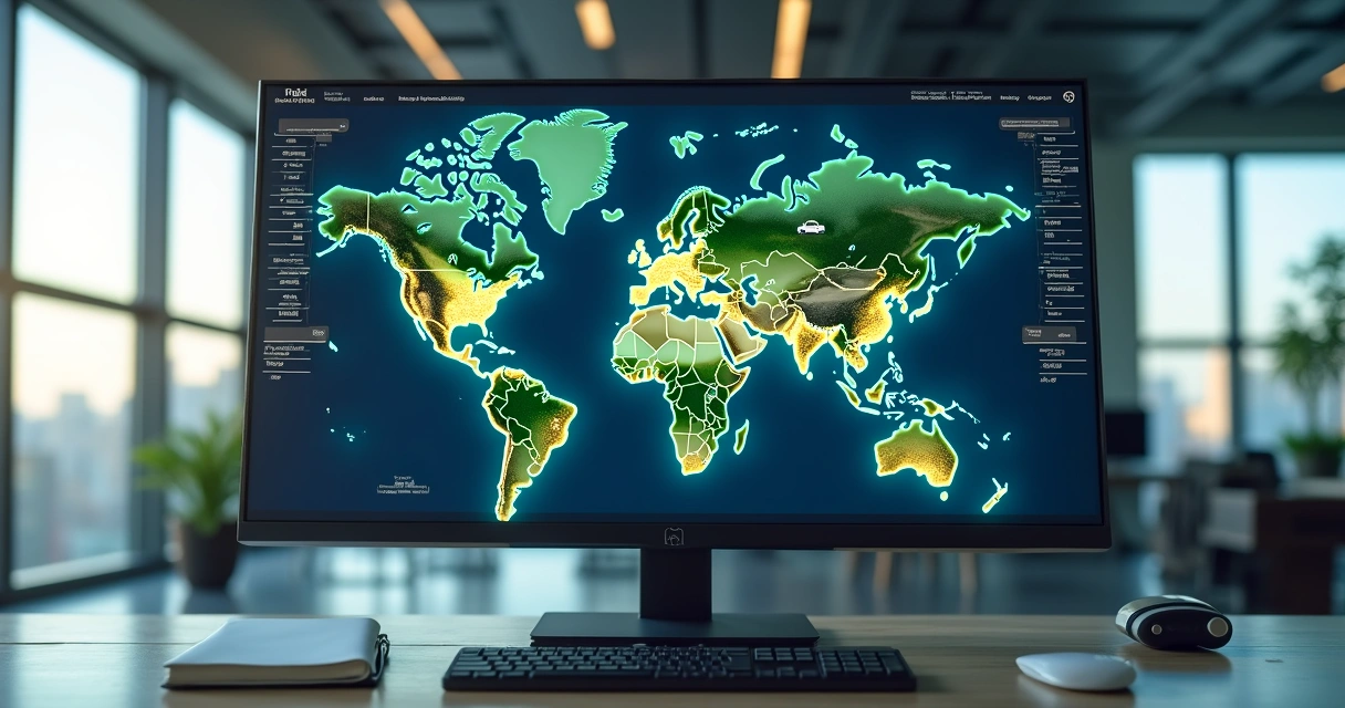Tela digital mostrando mapa com rotas de veículos e dados de rastreamento em tempo real 