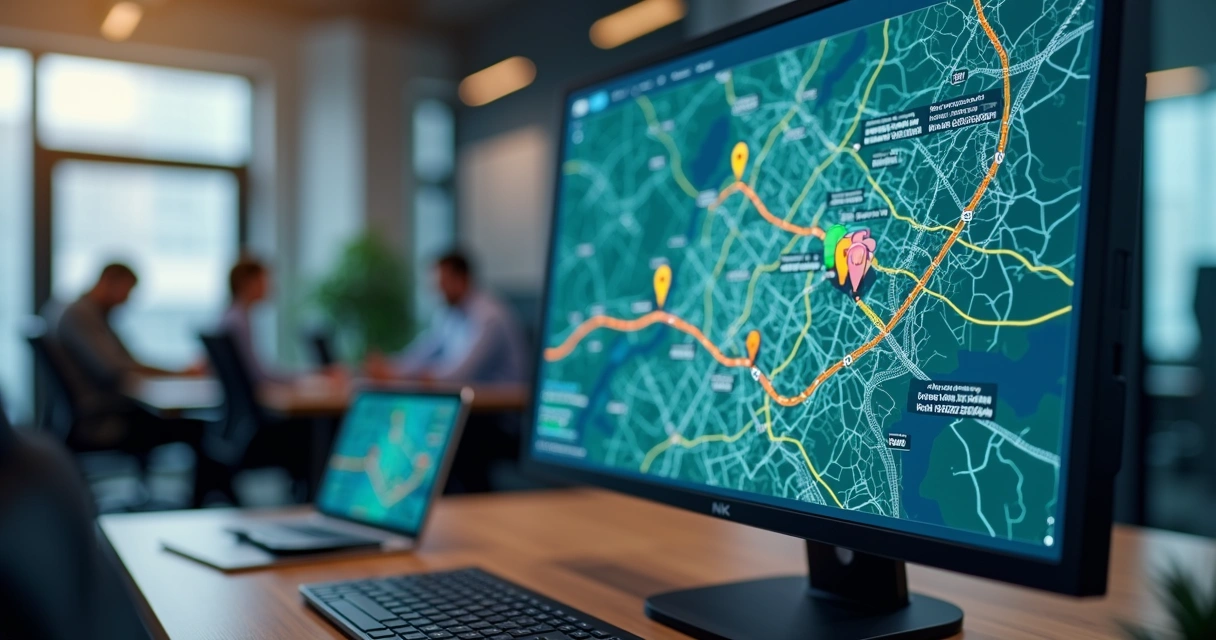 Tela de computador mostrando mapa com rotas de vans e indicadores de rastreamento em tempo real 