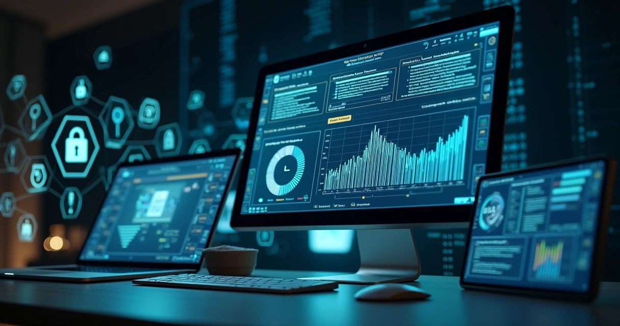 Computadores e dispositivos com gráficos de monitoramento de dados e símbolos de privacidade ao redor 