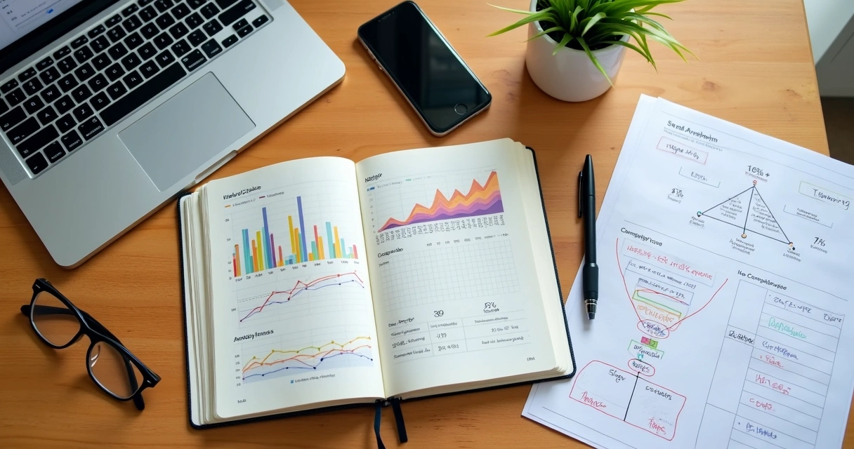 Empreendedor organizando dados de vendas com gráficos e anotações à mesa 