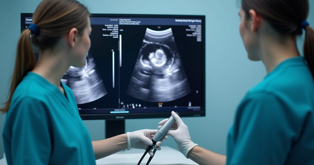 Imagem de ultrassom mostrando detalhes da vesícula biliar e presença de pequenos cálculos. 