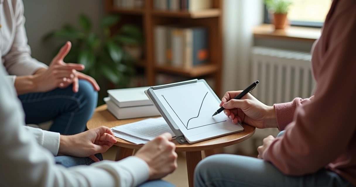 Terapeuta e paciente analisando pequenos progressos em gráfico durante sessão 