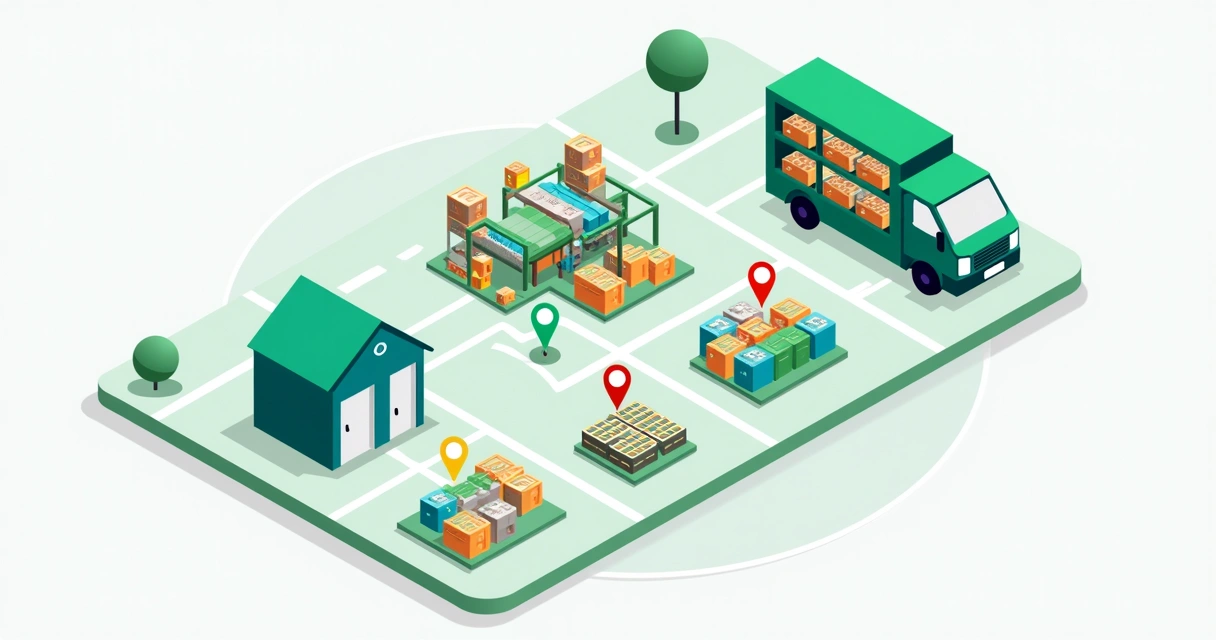 Rastreamento de localização de baterias em mapa com loja, prateleira e veículo 