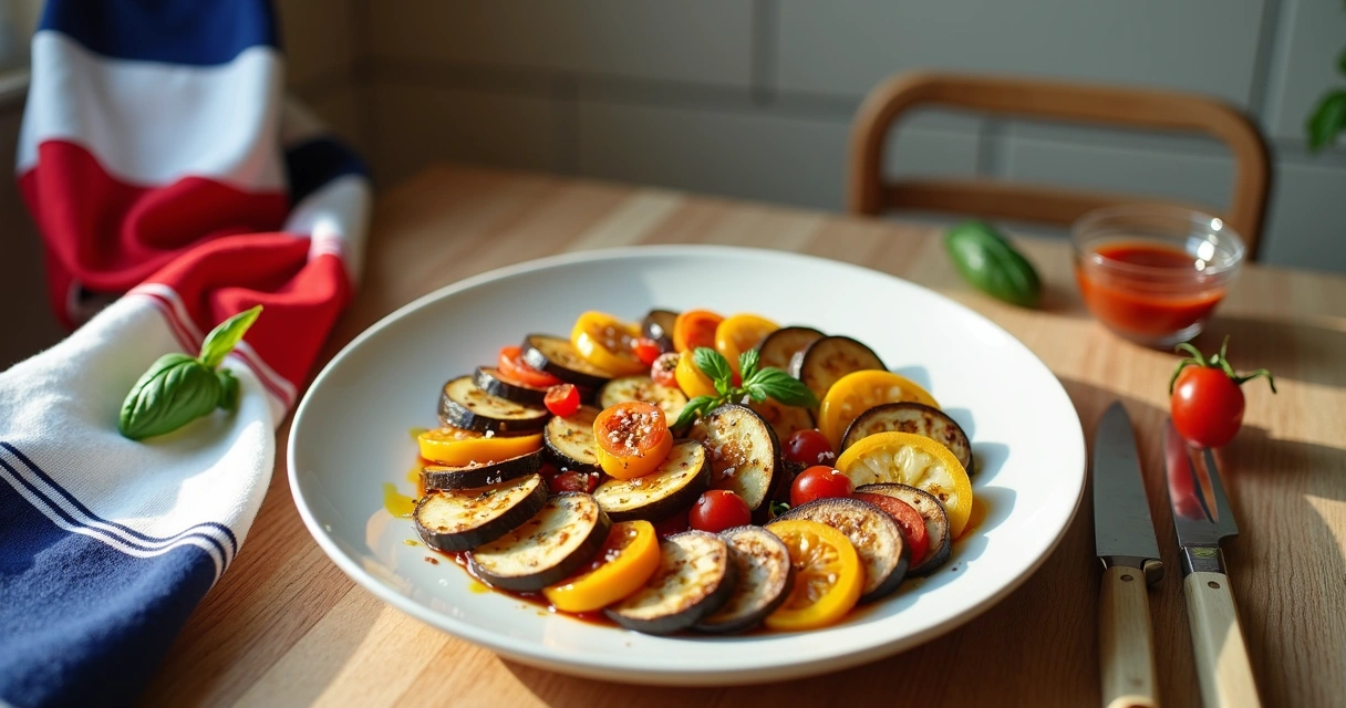 Ratatouille colorido em prato individual ao lado de cachecol da França da Copa 