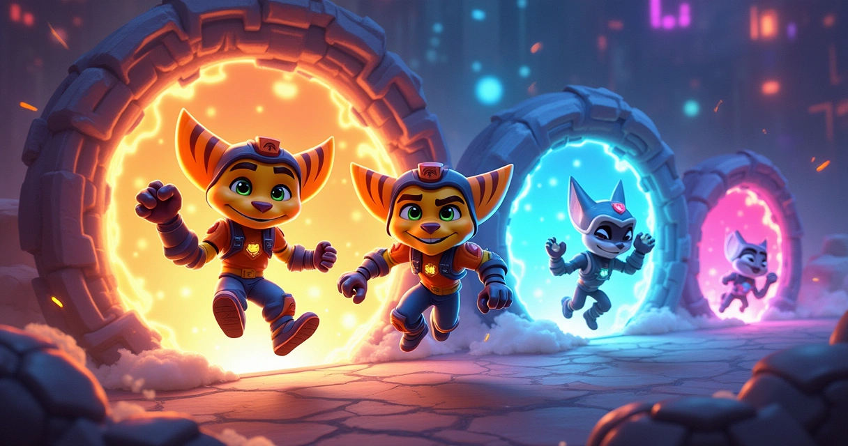 Ratchet, Clank e Rivet saltando entre portais dimensionais 