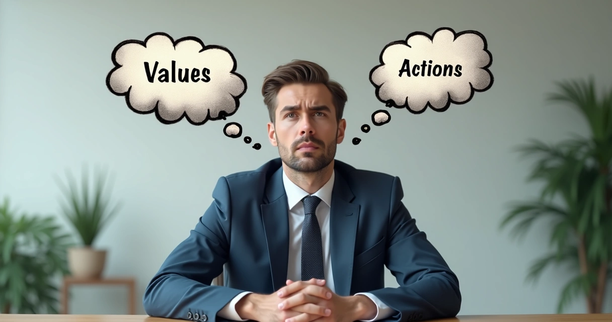 Person sitting at a desk with thought bubbles showing internal debates