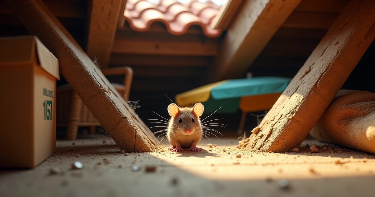 Rato escondido entre vigas de madeira num sótão de casa no Algarve 