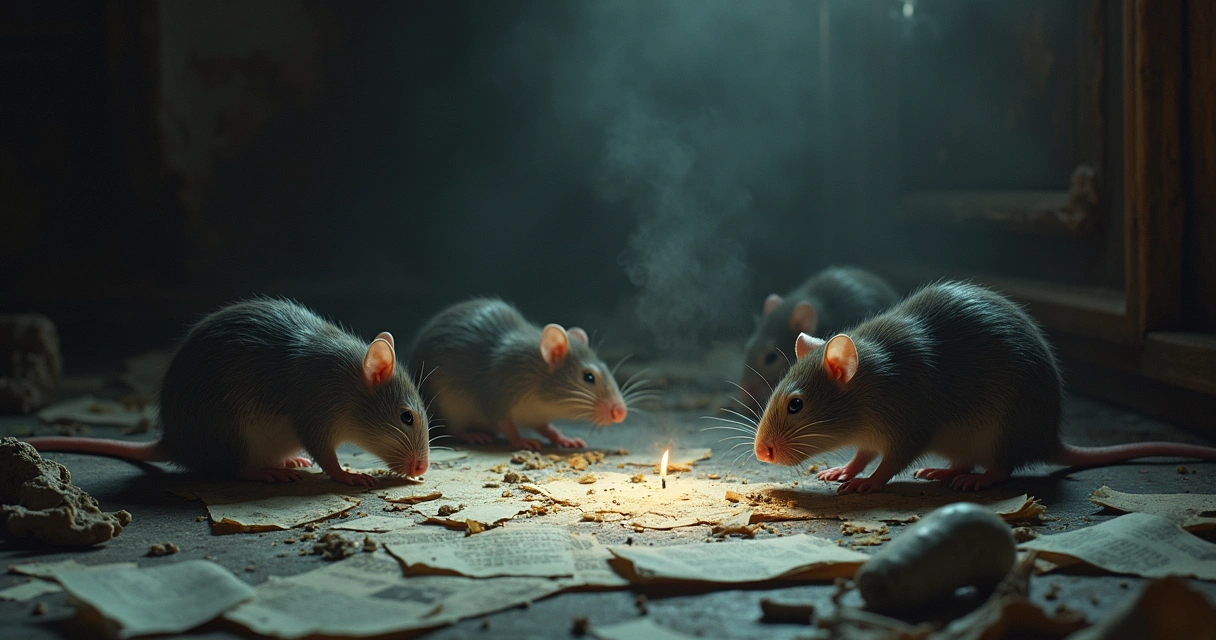 Desenho detalhado de ratos em um ambiente escuro, representando desgaste e perdas escondidas 