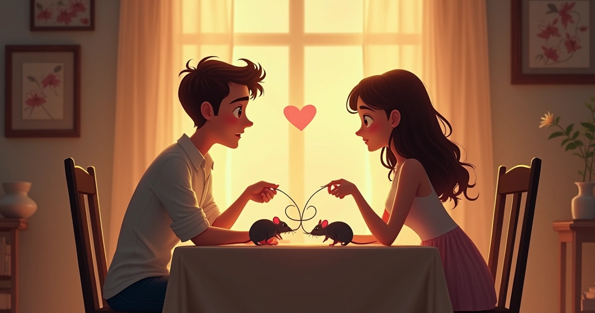 Ilustração romântica com um casal separado por pequenas figuras de ratos, representando desgaste emocional 