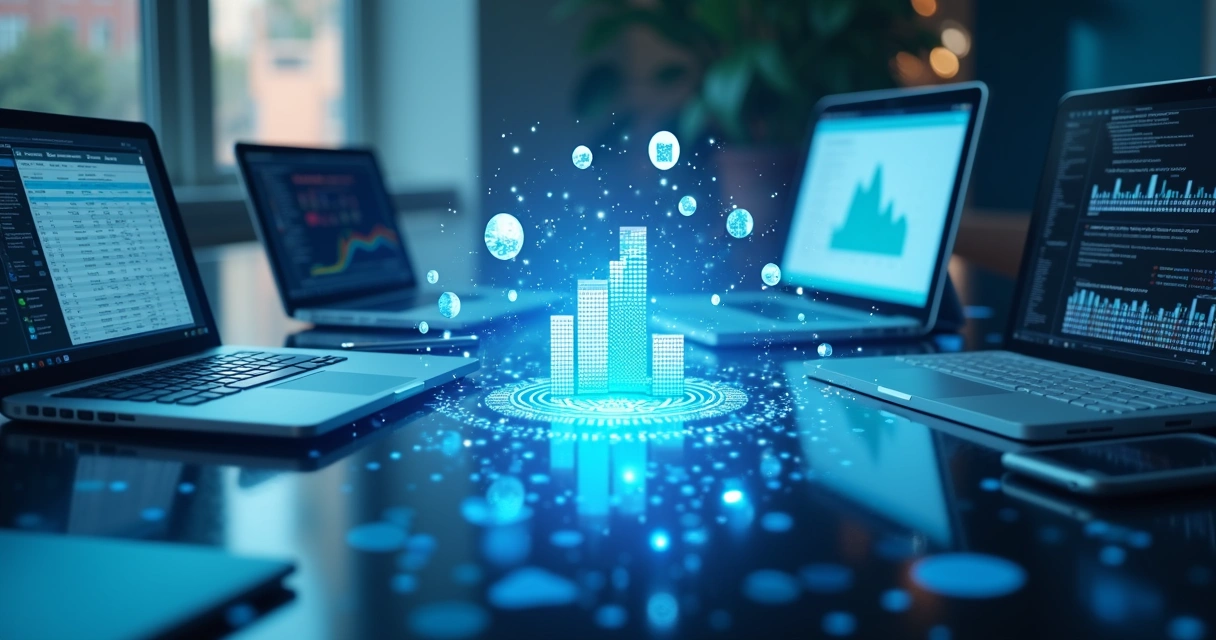 Assorted raw business data sources being funneled into a central digital storage pool 