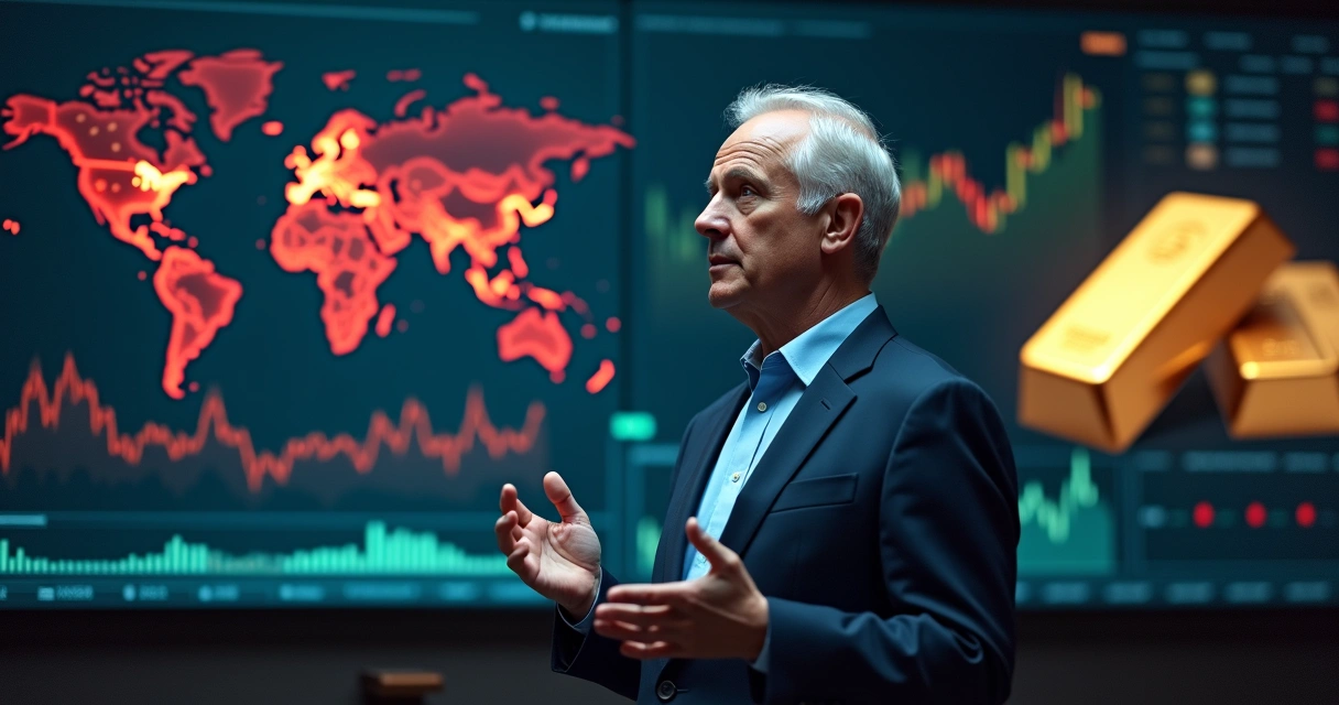 Ray Dalio em frente a um gráfico financeiro caótico e bandeiras de países 