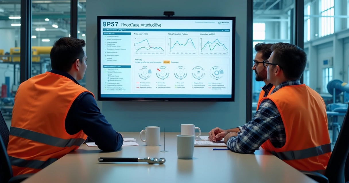 Engineers review RCA dashboard on large screen 