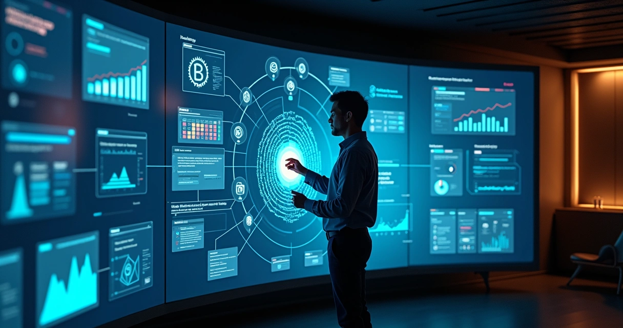Empresário ajustando painel de automação com fluxo de leads B2B em telas flutuantes 