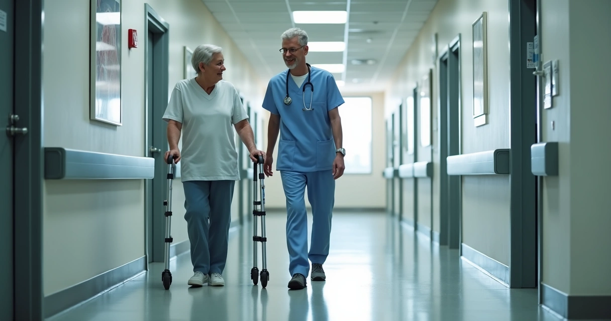 Paciente caminhando com apoio após cirurgia acompanhado por fisioterapeuta 