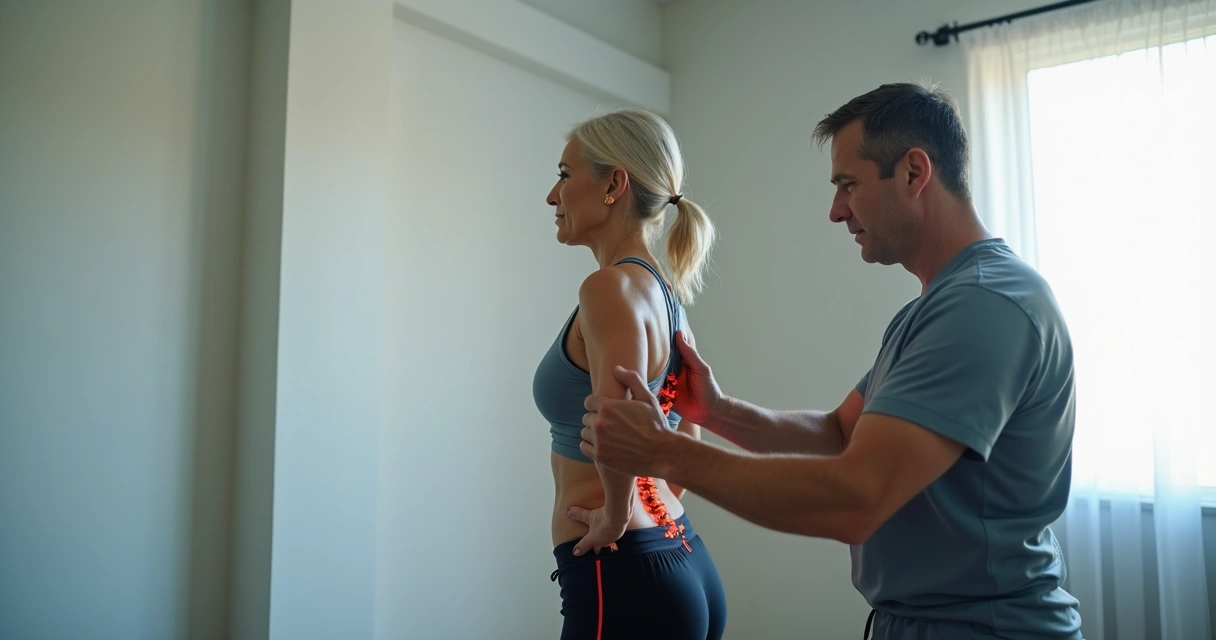 Fisioterapeuta acompanha exercício de reabilitação de coluna 