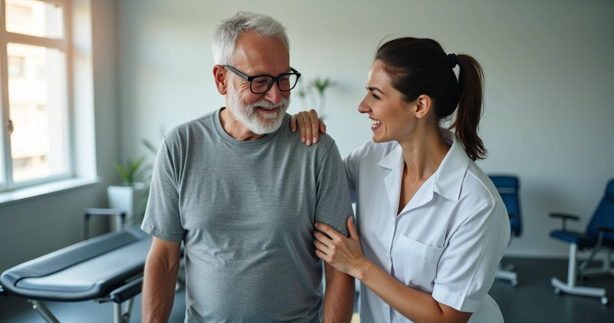 Paciente idoso em sessão de fisioterapia com terapeuta