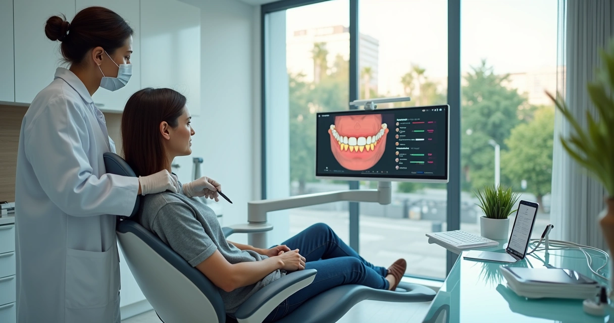 Dentista e paciente avaliando planejamento de reabilitação oral em consultório moderno 