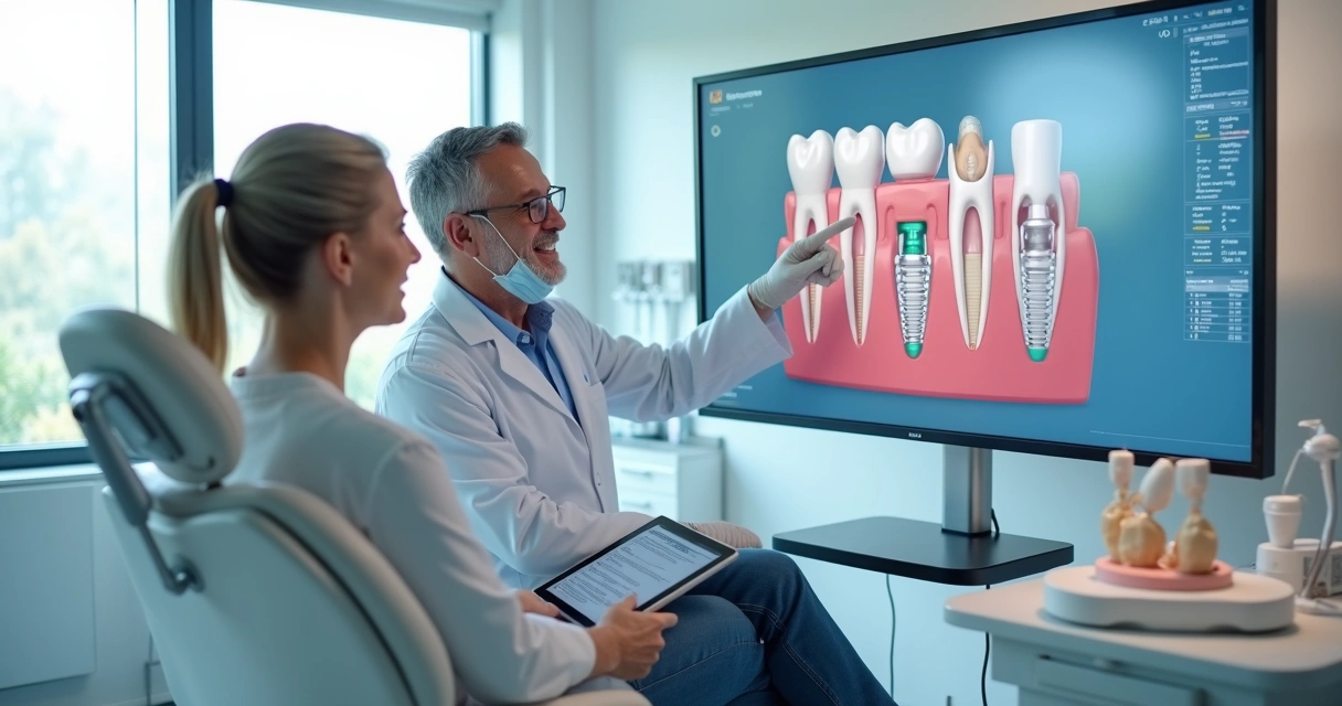 Dentista mostra plano de reabilitação oral para paciente sorridente na cadeira odontológica 