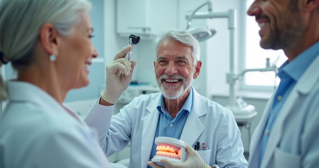 Dentista mostra ao paciente o resultado de uma prótese protocolo fixa. 