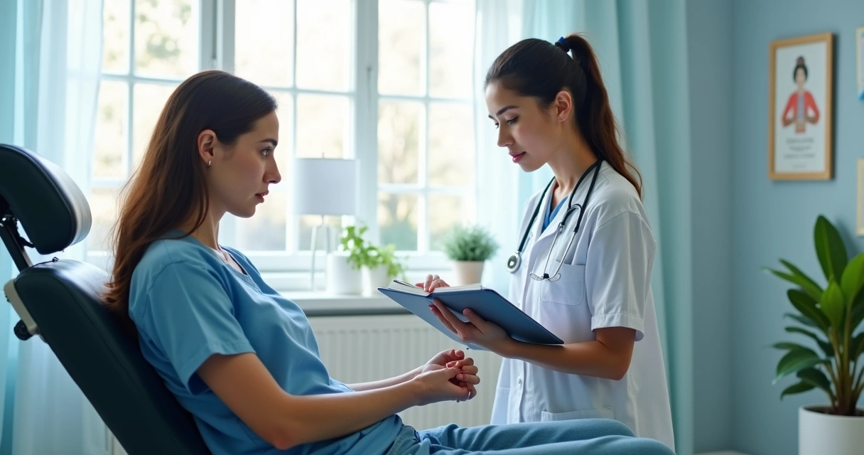 Consulta de acupuntura com profissional avaliando reação do paciente 