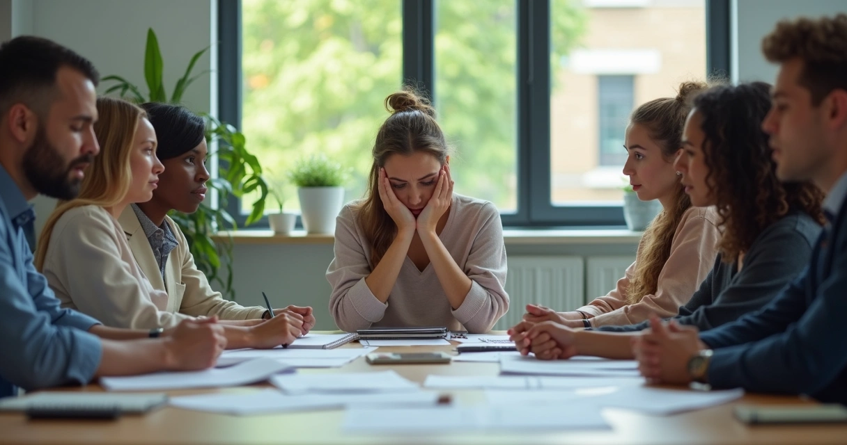 Pessoa segurando a cabeça sentada à mesa de reunião, colegas observando com diferentes expressões 