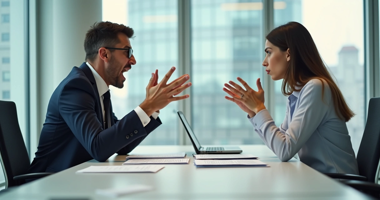 Duas pessoas em uma reunião, uma delas visivelmente exaltada enquanto a outra observa surpresa. 