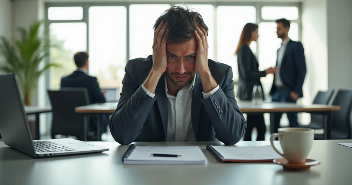 Profissional sentado em escritório segurando a cabeça após reação impulsiva no trabalho 