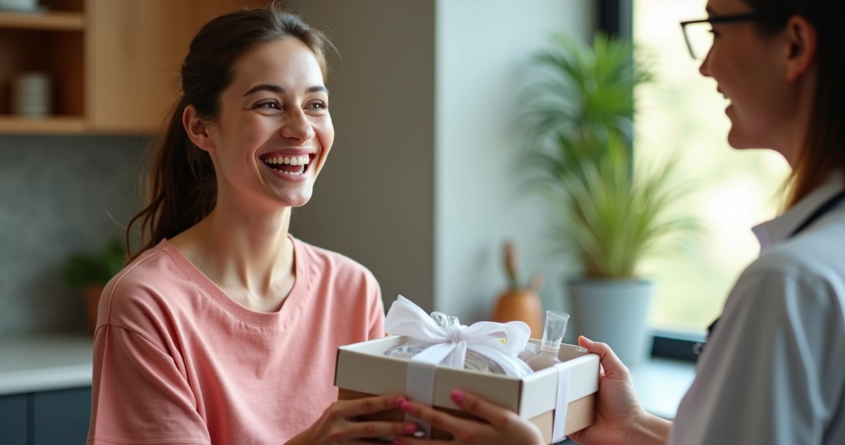 Paciente sorrindo ao receber kit personalizado em consultório 