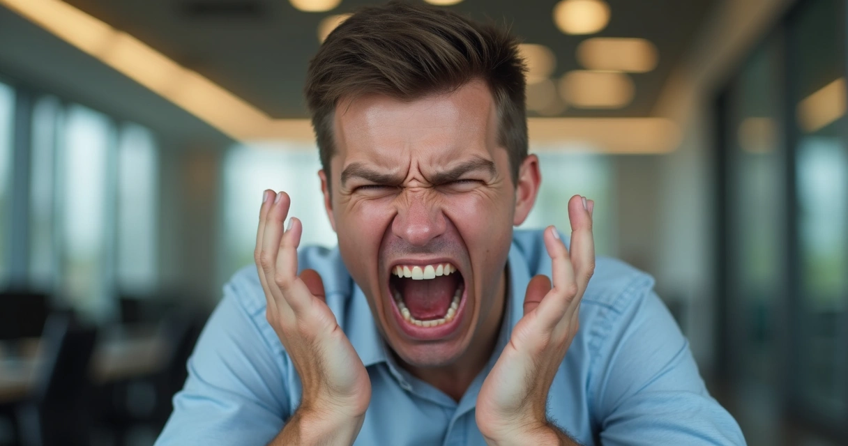 Persona con expresión facial de enojo en una habitación iluminada 