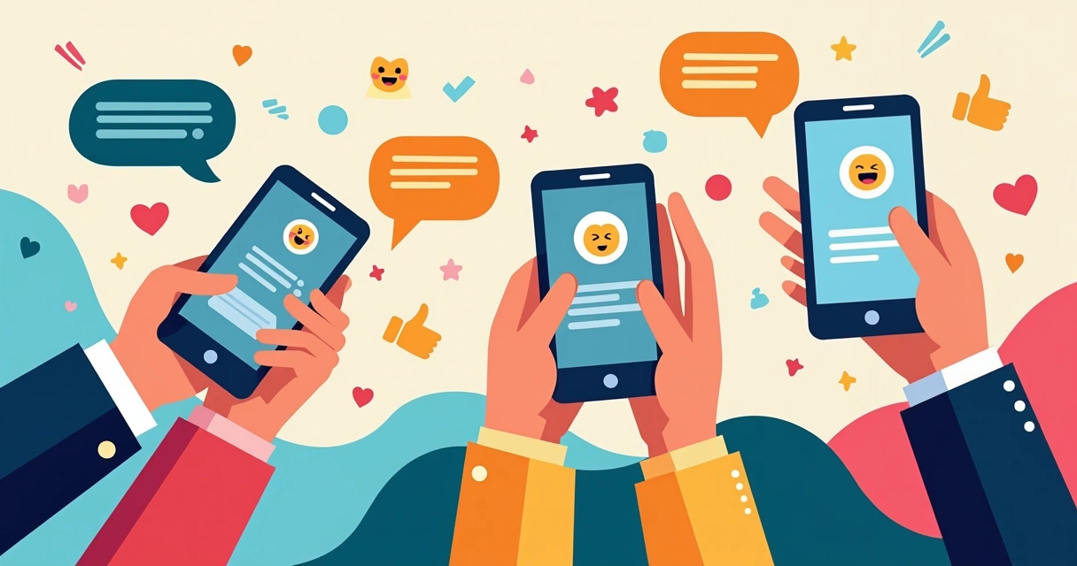 Mãos segurando celulares cujas telas mostram mensagens sendo reagidas com emojis. 