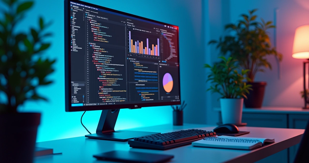 Monitor showing React code with charts and interface components 