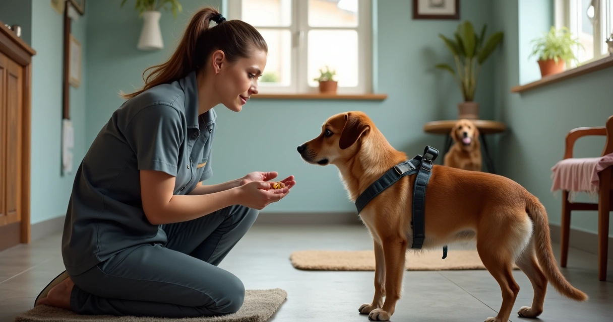 Trainer gently assessing reactive dog with treats 