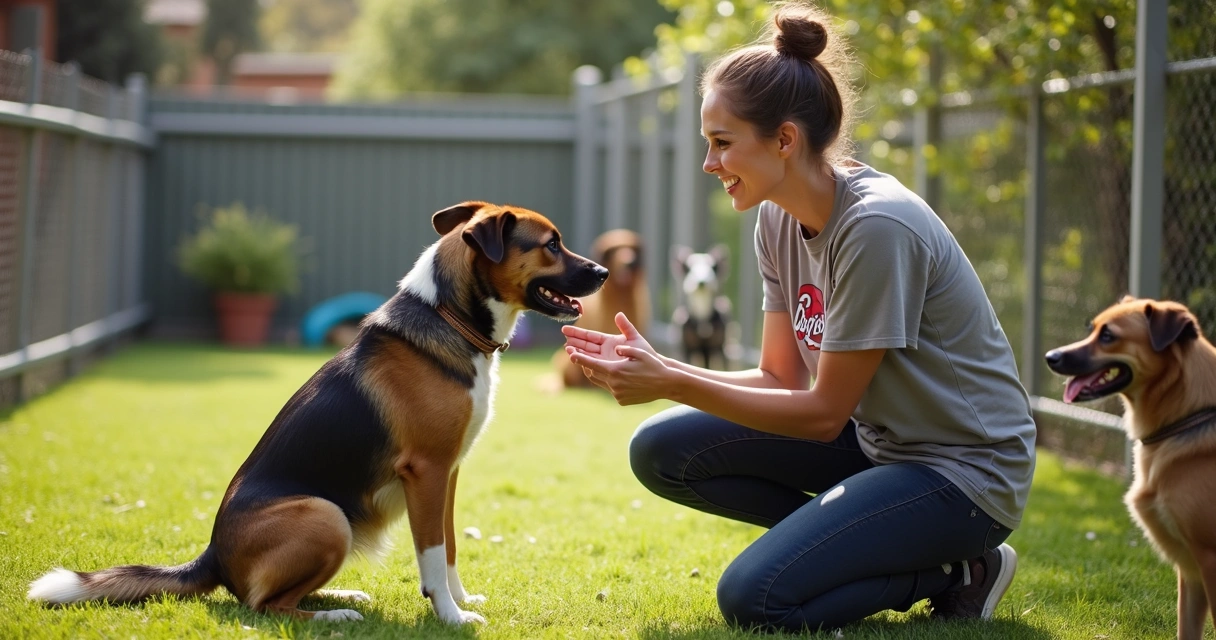 Trainer practicing recall with a reactive dog in a fenced play yard