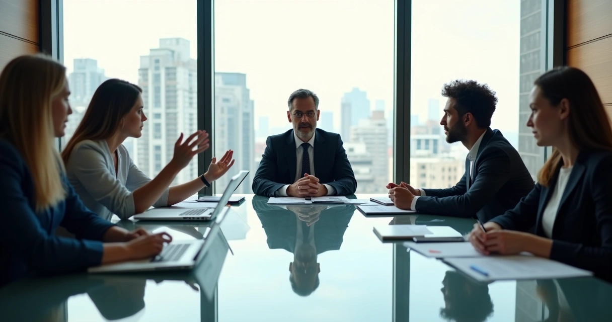 Team in tense meeting split between conflict and calm cooperation 