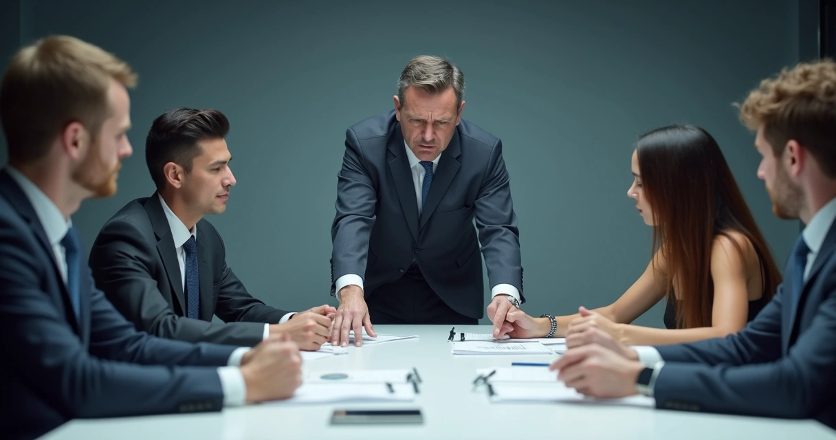 Manager scolding team in tense office meeting 