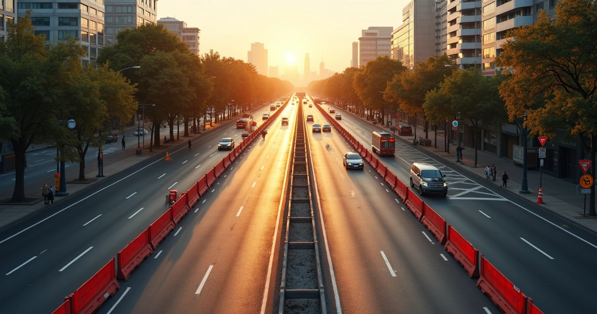 View of a divided city seen from above with smooth roads blocked by chaotic barriers 