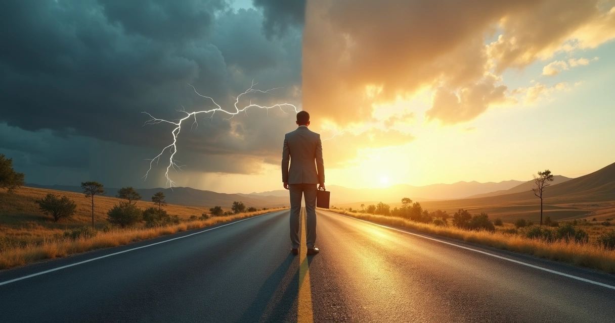 Leader standing at crossroads between chaotic storm and calm sunrise landscape 