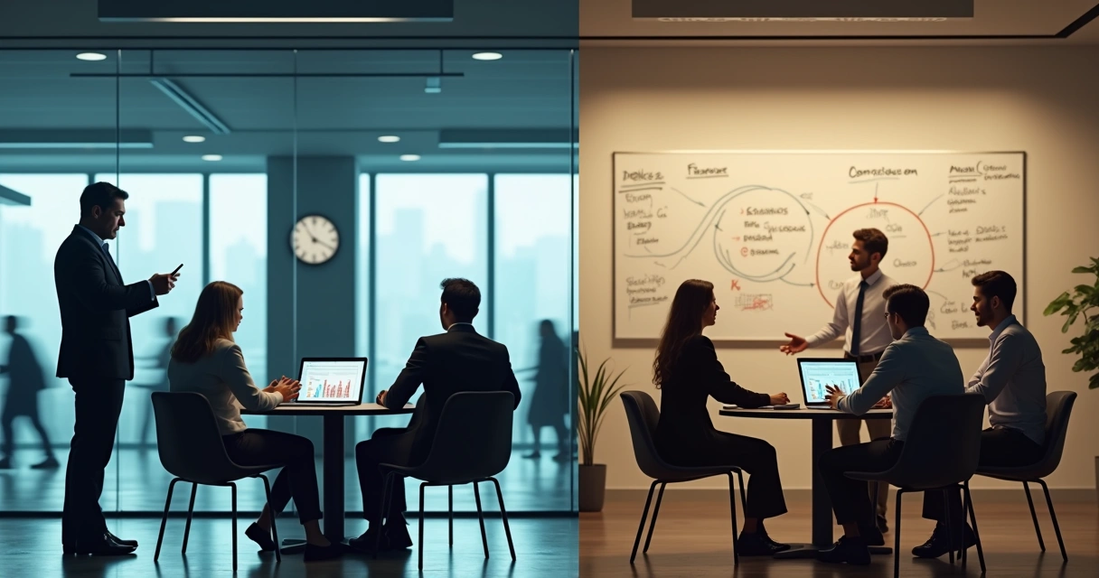 Split screen comparison of reactive leader in chaos and conscious leader in calm meeting 