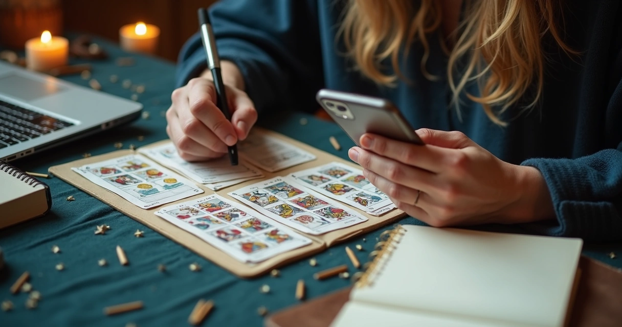 Reader photographing a playing card spread and writing notes 