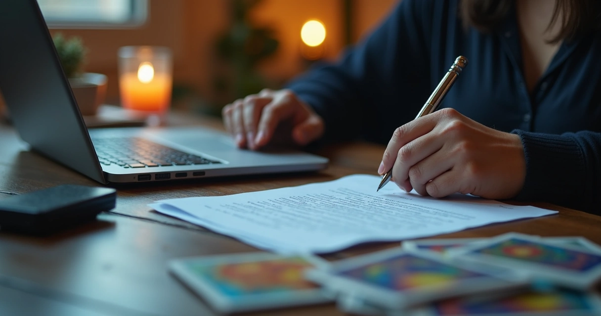 Spiritual reader reviewing client notes on laptop at desk 