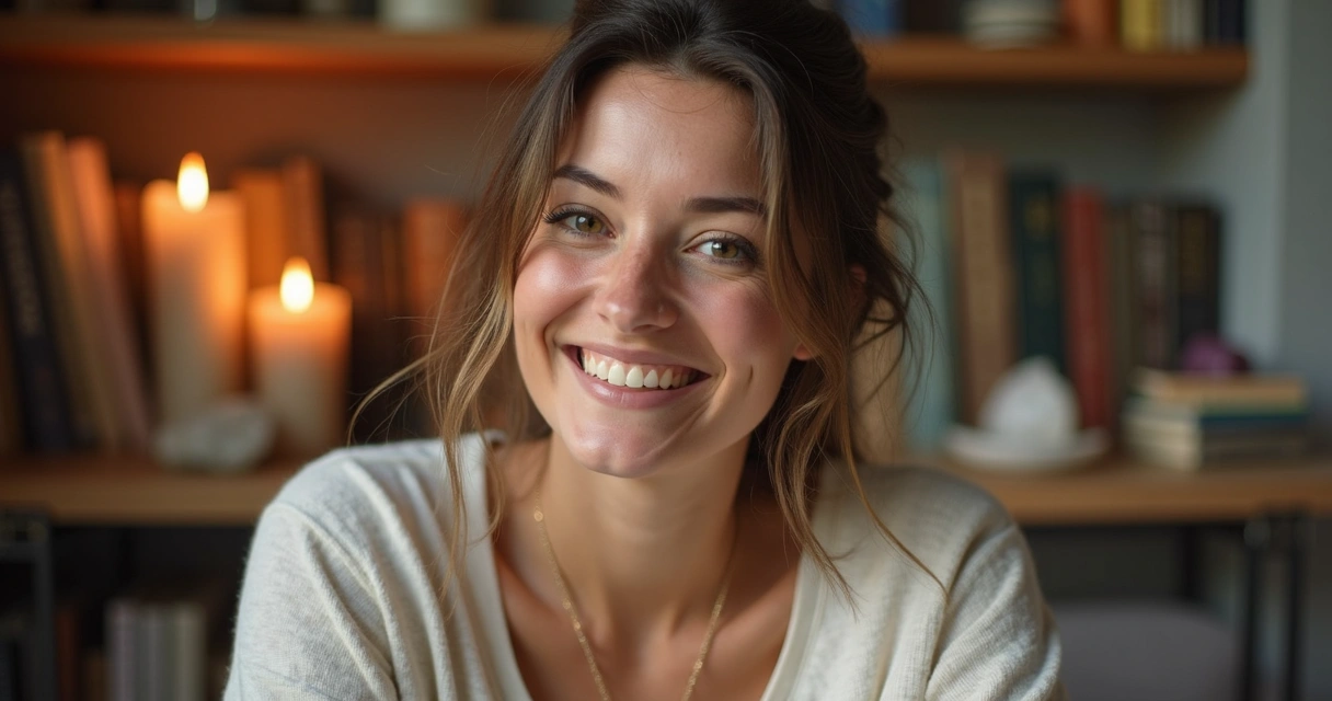 Spiritual reader smiling in soft lighting with books and candles in the background 