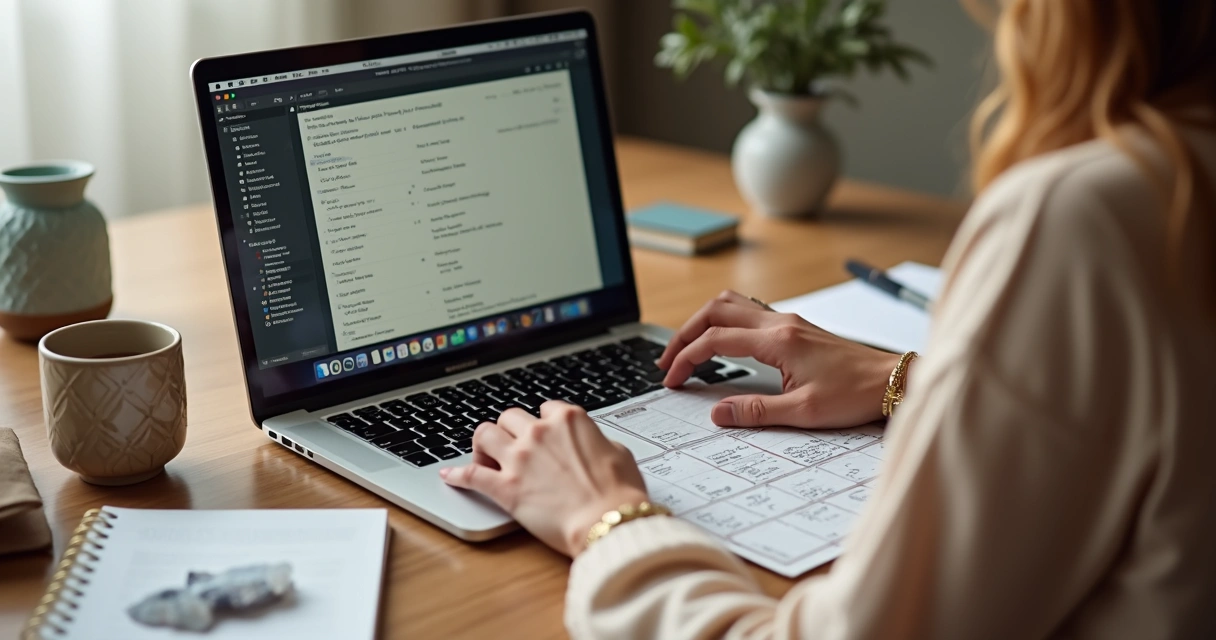 Tarot reader reviewing client notes on laptop beside cards 